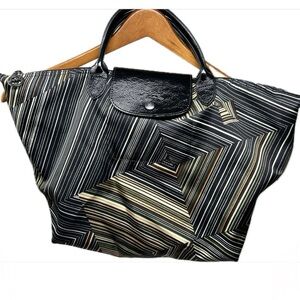 Longchamp Black and Brown Multi Striped Tote Patent Accents